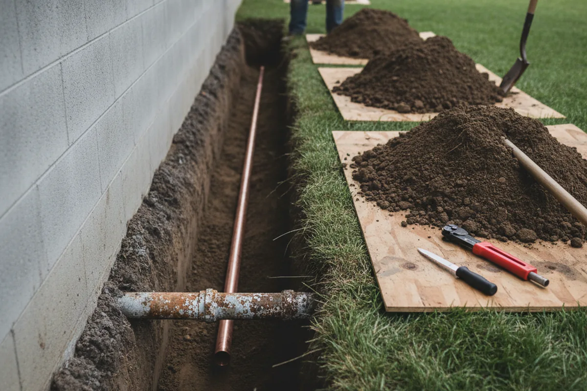 Excavated water line trench during Water Softener Installation in Oxford